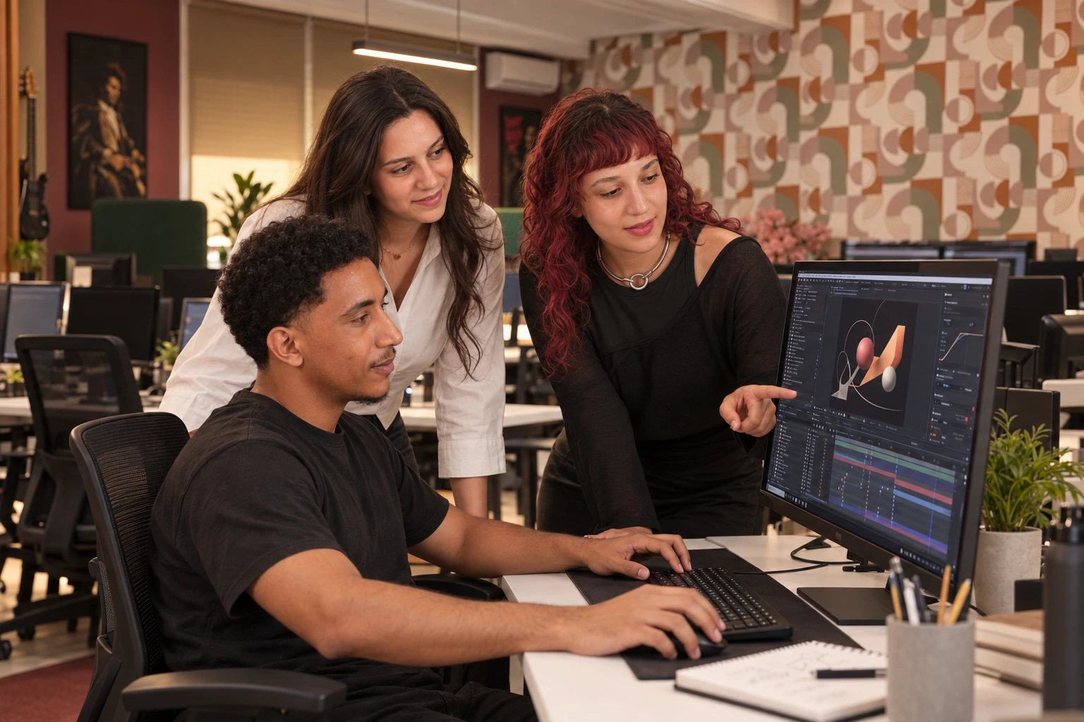 Oumaima et Ghada échangent avec Souhaib sur un projet de motion design dans le département créa