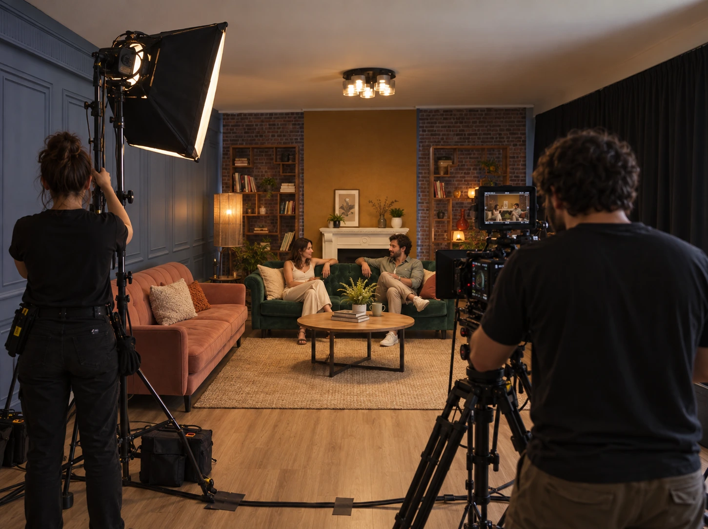 Tournage dans le studio salon Innov8, avec acteurs, caméra et techniciens de dos